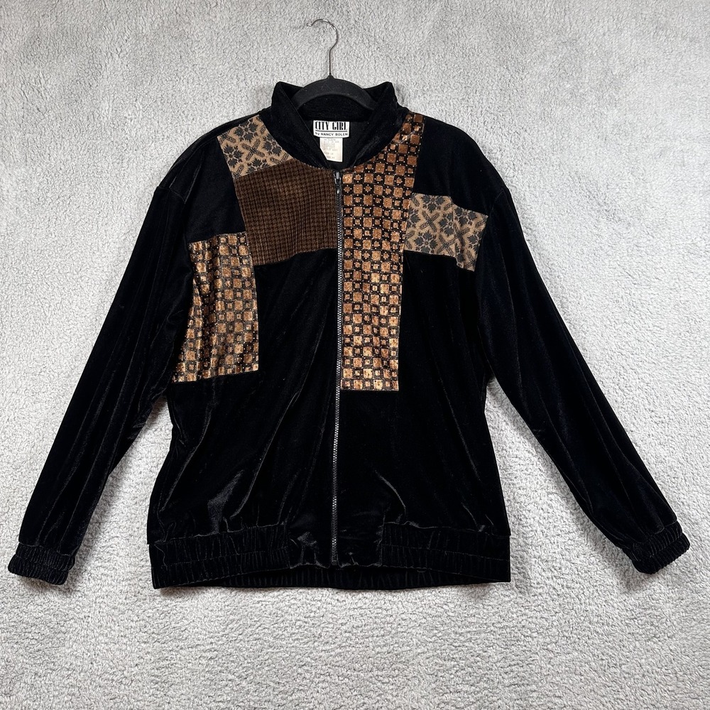 Vintage City Girl Jacket Womens 10 Velvet Patchwork‎ Zip Unique USA 90s